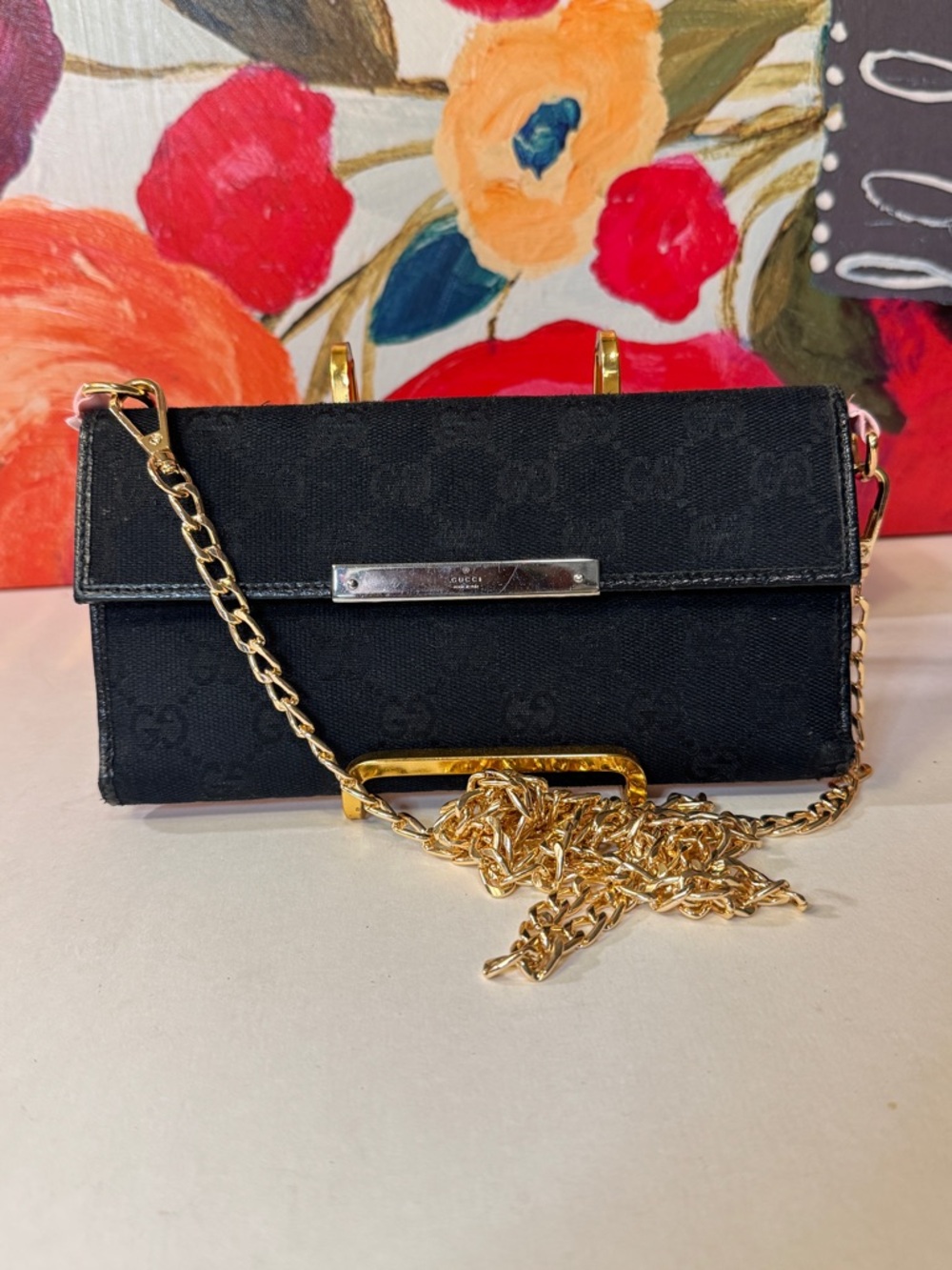 Gucci GG monogram long bifold wallet with chain GG logo in good condition